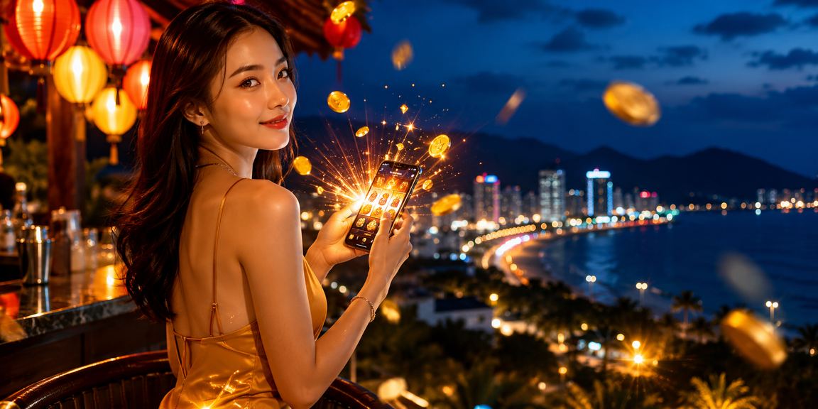 Người dùng Hội An tham gia slot game buổi tối dưới ánh đèn lồng